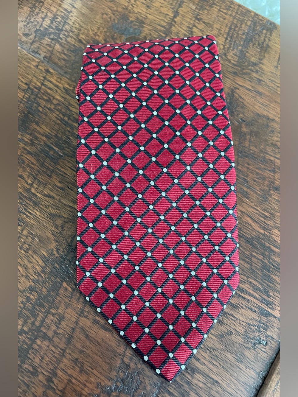 Brooks Brothers 346 Silk Tie Deep Red Black Diamond Silver Dot Grid 3.5” Width